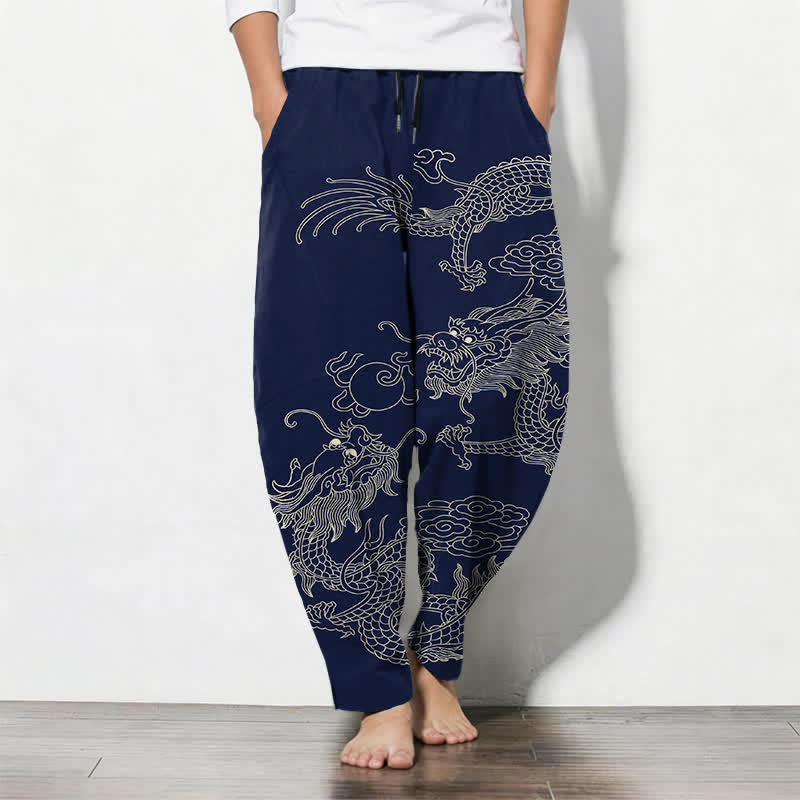 Buddha Stones Pantaloni da uomo affusolati in puro cotone con motivo drago imperiale e coulisse, con tasche. - Marina - US/UK/AU50, EU60 (5XL) - image 7