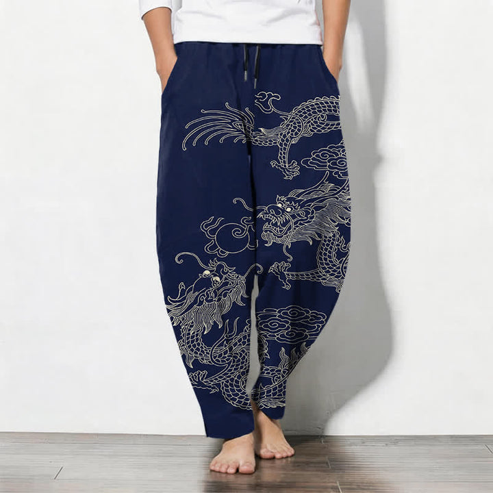 Buddha Stones Pantaloni da uomo affusolati in puro cotone con motivo drago imperiale e coulisse, con tasche. - Marina - US/UK/AU50, EU60 (5XL) - image 7