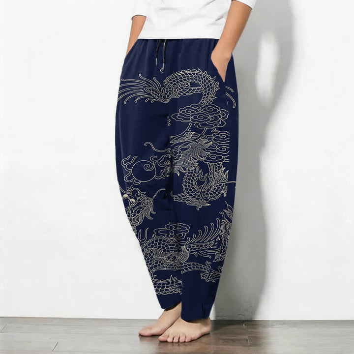 Buddha Stones Pantaloni da uomo affusolati in puro cotone con motivo drago imperiale e coulisse, con tasche. - image 8