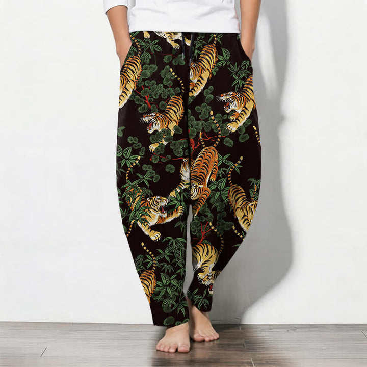 Buddha Stones Pantaloni da uomo affusolati con coulisse e tasche, in puro cotone, con stampa tigre e foglie di bambù. - Marrone sella - US/UK/AU50, EU60 (5XL) - image 7