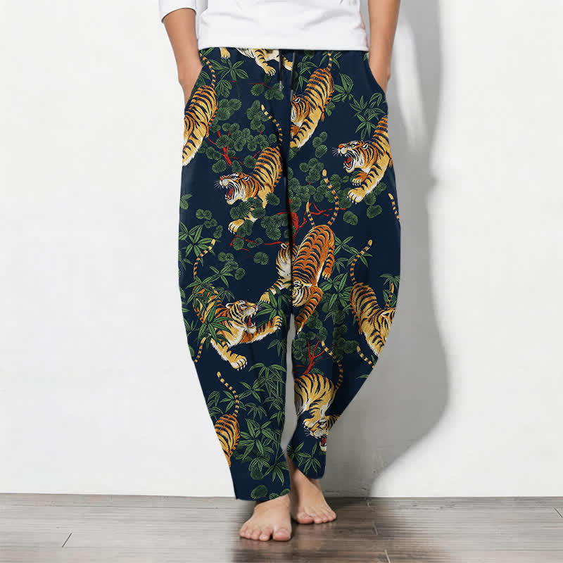 Buddha Stones Pantaloni da uomo affusolati con coulisse e tasche, in puro cotone, con stampa tigre e foglie di bambù. - Marina - US/UK/AU50, EU60 (5XL) - image 11