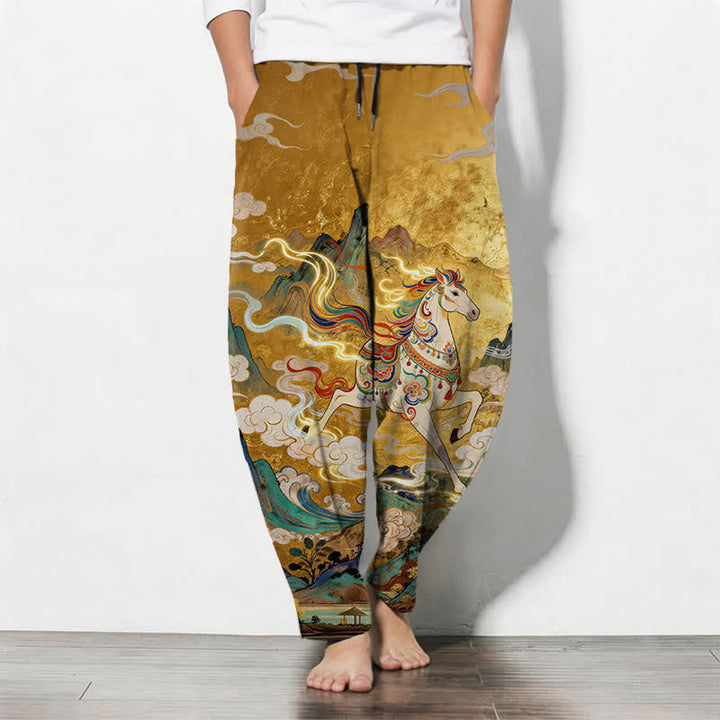 Buddha Stones Pantaloni da uomo affusolati in puro cotone con coulisse e tasche, con motivo a cavallino bianco in corsa. - Verga d'oro - US/UK/AU50, EU60 (5XL) - image 0