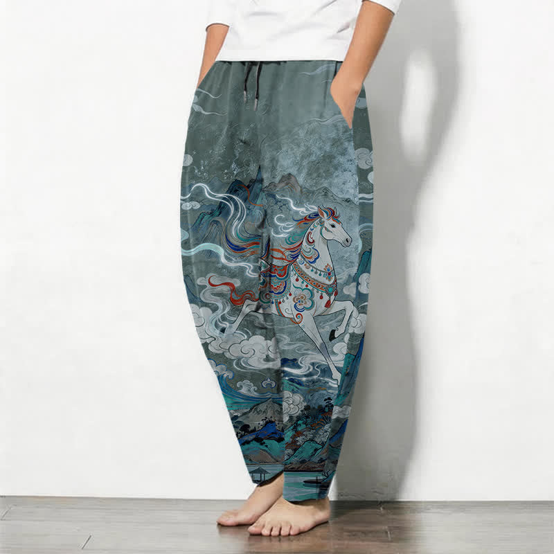Buddha Stones Pantaloni da uomo affusolati in puro cotone con coulisse e tasche, con motivo a cavallino bianco in corsa. - image 8