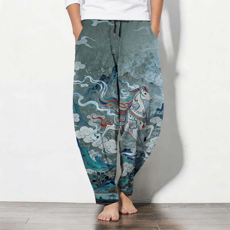 Buddha Stones Pantaloni da uomo affusolati in puro cotone con coulisse e tasche, con motivo a cavallino bianco in corsa. - Cadetto Blu - US/UK/AU50, EU60 (5XL) - image 7