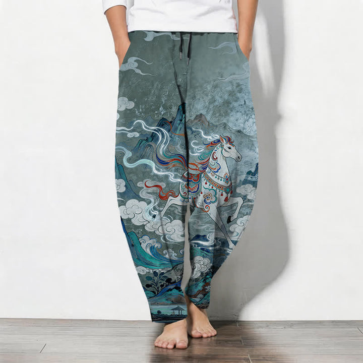 Buddha Stones Pantaloni da uomo affusolati in puro cotone con coulisse e tasche, con motivo a cavallino bianco in corsa. - Cadetto Blu - US/UK/AU50, EU60 (5XL) - image 7