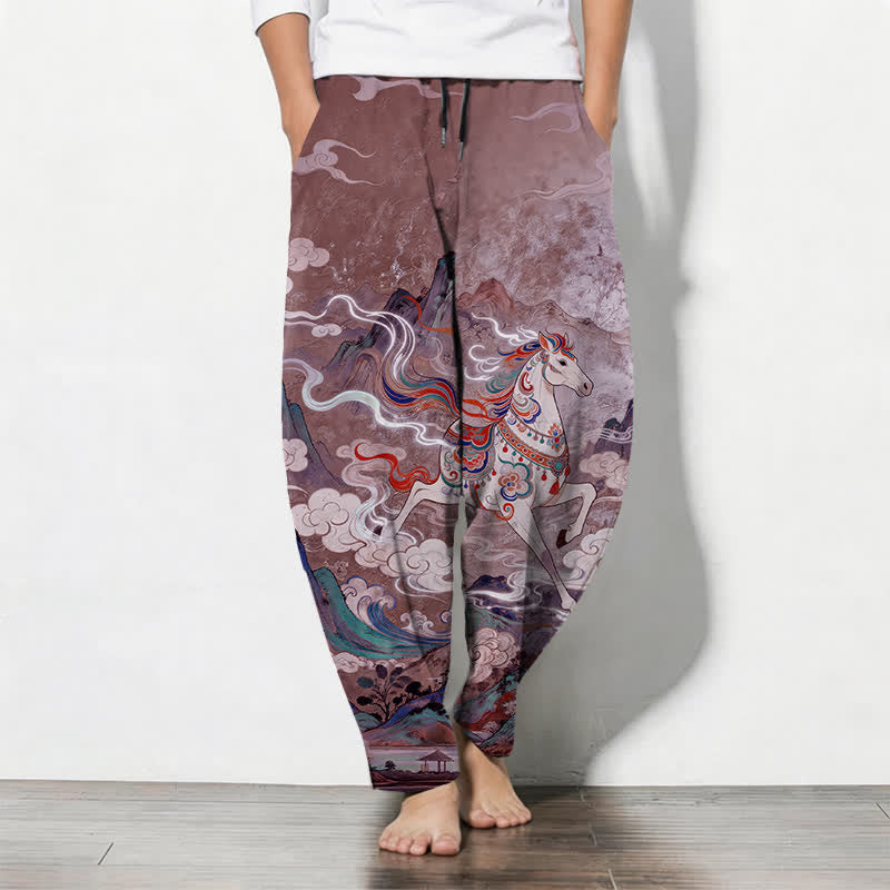 Buddha Stones Pantaloni da uomo affusolati in puro cotone con coulisse e tasche, con motivo a cavallino bianco in corsa. - Prugna - US/UK/AU50, EU60 (5XL) - image 11