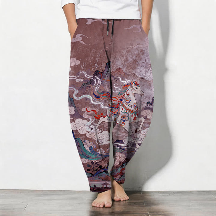 Buddha Stones Pantaloni da uomo affusolati in puro cotone con coulisse e tasche, con motivo a cavallino bianco in corsa. - Prugna - US/UK/AU50, EU60 (5XL) - image 11