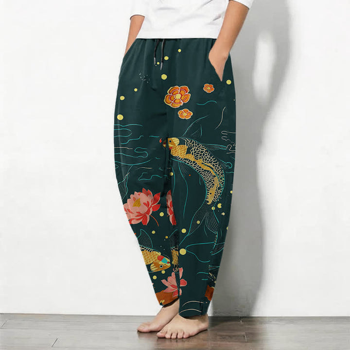 Buddha Stones Pantaloni da uomo affusolati con coulisse e tasche, in puro cotone, con motivo a onde di loto e koi dorati. - image 8