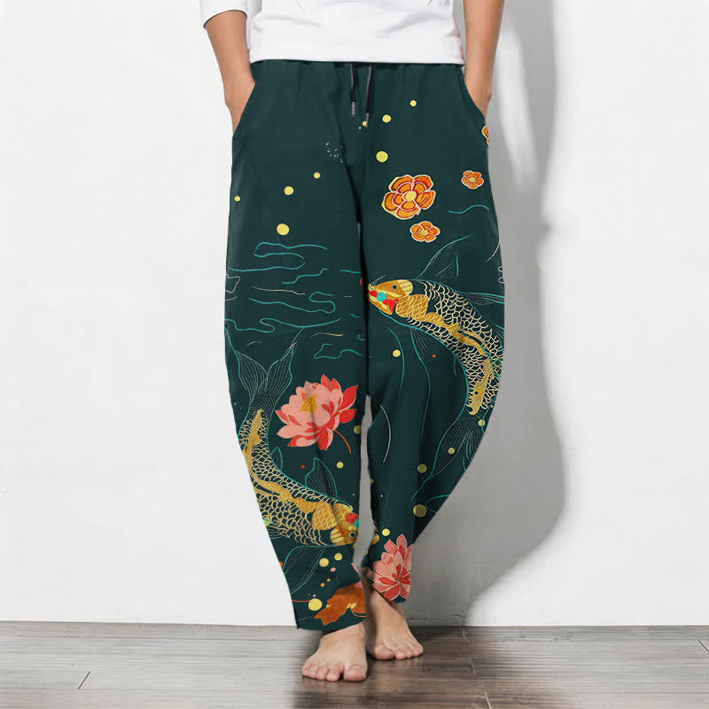 Buddha Stones Pantaloni da uomo affusolati con coulisse e tasche, in puro cotone, con motivo a onde di loto e koi dorati. - Verde acqua - US/UK/AU50, EU60 (5XL) - image 7
