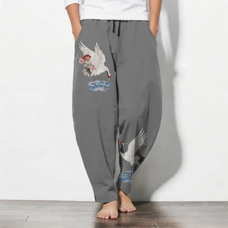 Buddha Stones Pantaloni da uomo affusolati in puro cotone con coulisse e tasche, fantasia a gru e corona rossa. - Grigio - US/UK/AU50, EU60 (5XL) - image 7