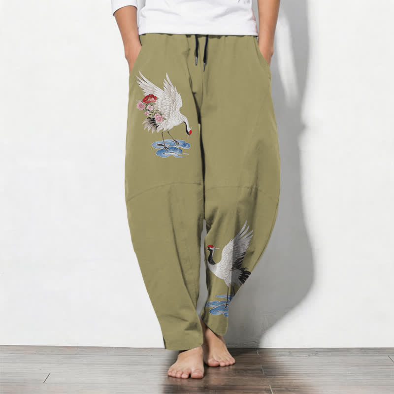 Buddha Stones Pantaloni da uomo affusolati in puro cotone con coulisse e tasche, fantasia a gru e corona rossa. - Oliva - US/UK/AU50, EU60 (5XL) - image 11