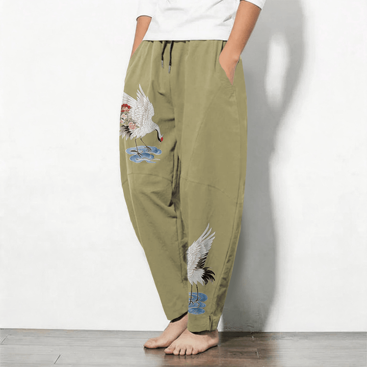 Buddha Stones Pantaloni da uomo affusolati in puro cotone con coulisse e tasche, fantasia a gru e corona rossa. - image 12
