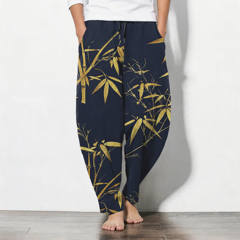 Buddha Stones Pantaloni da uomo affusolati in puro cotone con motivo bambù dorato e coulisse, con tasche. - Marina - US/UK/AU50, EU60 (5XL) - image 0