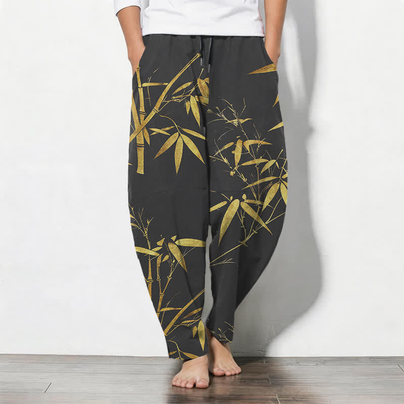 Buddha Stones Pantaloni da uomo affusolati in puro cotone con motivo bambù dorato e coulisse, con tasche. - Nero - US/UK/AU50, EU60 (5XL) - image 7