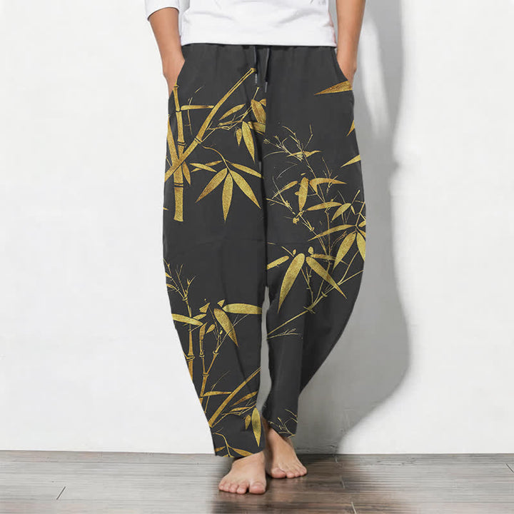 Buddha Stones Pantaloni da uomo affusolati in puro cotone con motivo bambù dorato e coulisse, con tasche. - Nero - US/UK/AU50, EU60 (5XL) - image 7