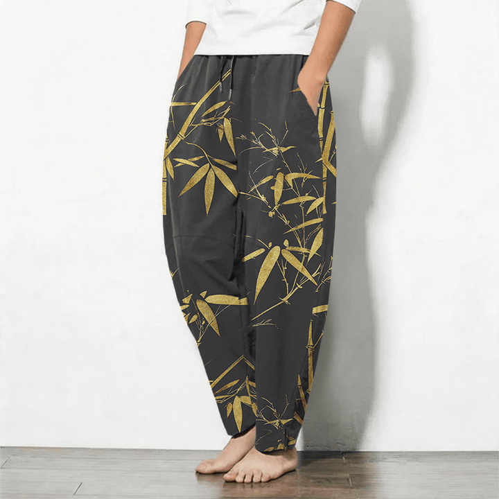 Buddha Stones Pantaloni da uomo affusolati in puro cotone con motivo bambù dorato e coulisse, con tasche. - image 8