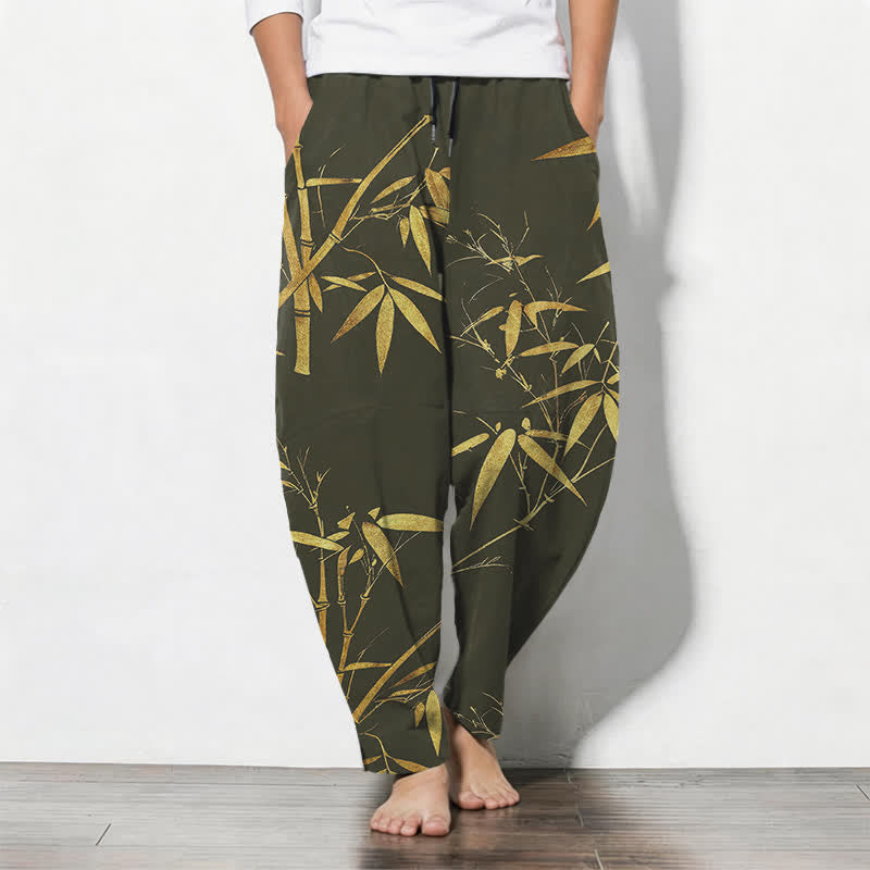 Buddha Stones Pantaloni da uomo affusolati in puro cotone con motivo bambù dorato e coulisse, con tasche. - Verde oliva scuro - US/UK/AU50, EU60 (5XL) - image 11