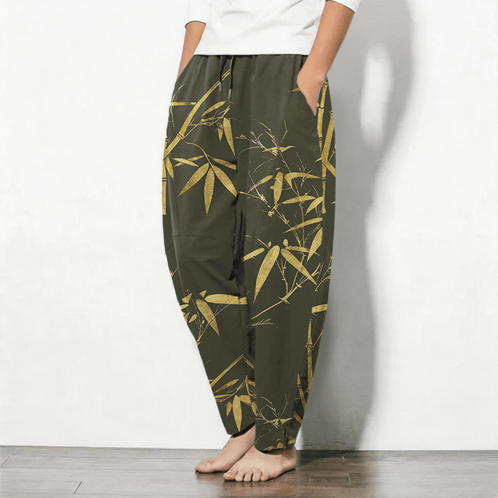 Buddha Stones Pantaloni da uomo affusolati in puro cotone con motivo bambù dorato e coulisse, con tasche. - image 12