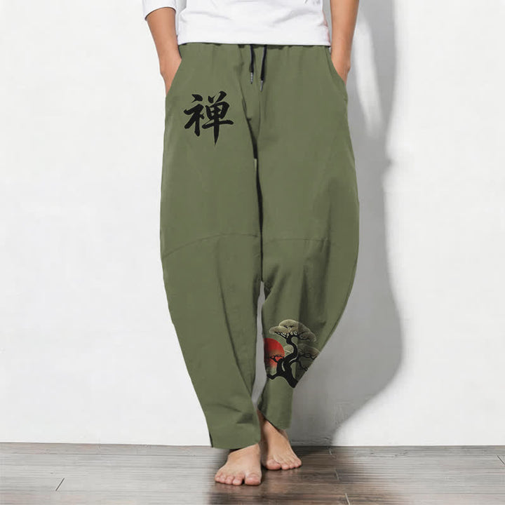 Buddha Stones Pantaloni da uomo affusolati in puro cotone con motivo zen bonsai tramonto e coulisse, con tasche. - Verde oliva - US/UK/AU50, EU60 (5XL) - image 7