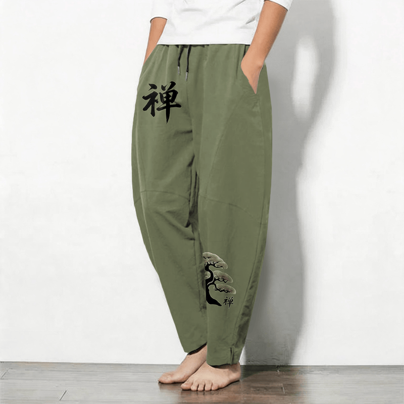 Buddha Stones Pantaloni da uomo affusolati in puro cotone con motivo zen bonsai tramonto e coulisse, con tasche. - image 8