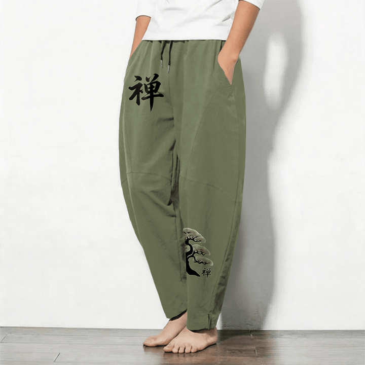 Buddha Stones Pantaloni da uomo affusolati in puro cotone con motivo zen bonsai tramonto e coulisse, con tasche. - image 8