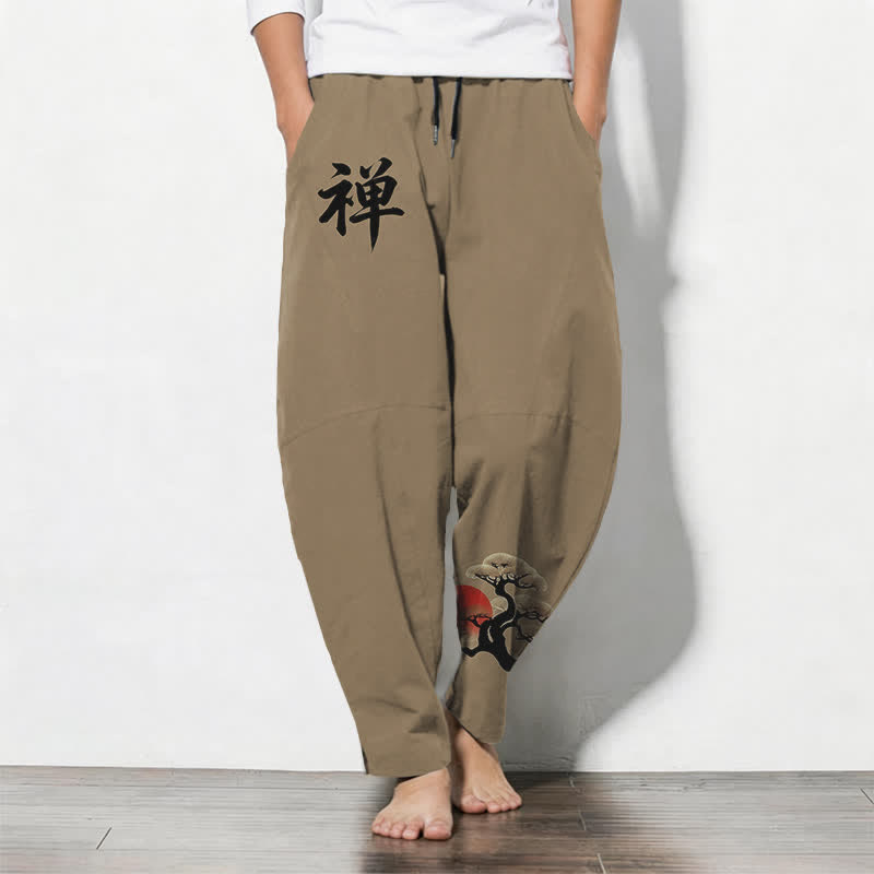 Buddha Stones Pantaloni da uomo affusolati in puro cotone con motivo zen bonsai tramonto e coulisse, con tasche. - Tan - US/UK/AU50, EU60 (5XL) - image 11