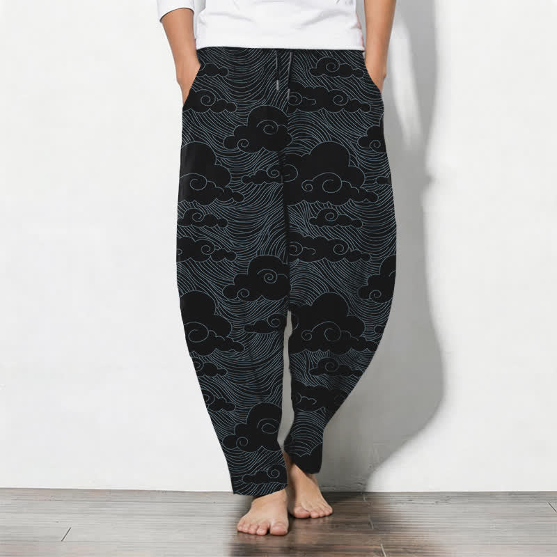 Buddha Stones Pantaloni da uomo affusolati in puro cotone con motivo a onde e nuvole giapponesi, con coulisse e tasche. - Nero - US/UK/AU50, EU60 (5XL) - image 0