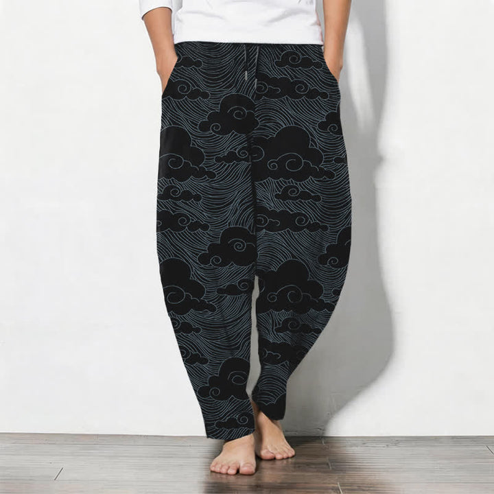 Buddha Stones Pantaloni da uomo affusolati in puro cotone con motivo a onde e nuvole giapponesi, con coulisse e tasche. - Nero - US/UK/AU50, EU60 (5XL) - image 0