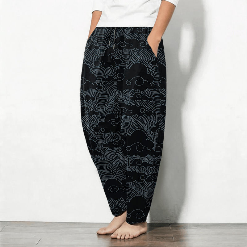 Buddha Stones Pantaloni da uomo affusolati in puro cotone con motivo a onde e nuvole giapponesi, con coulisse e tasche. - image 1
