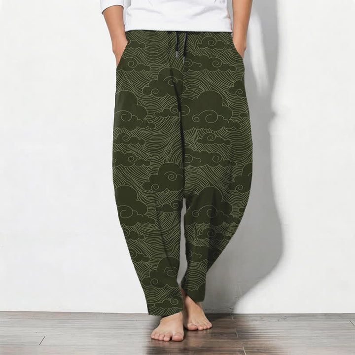 Buddha Stones Pantaloni da uomo affusolati in puro cotone con motivo a onde e nuvole giapponesi, con coulisse e tasche. - Verde oliva scuro - US/UK/AU50, EU60 (5XL) - image 7