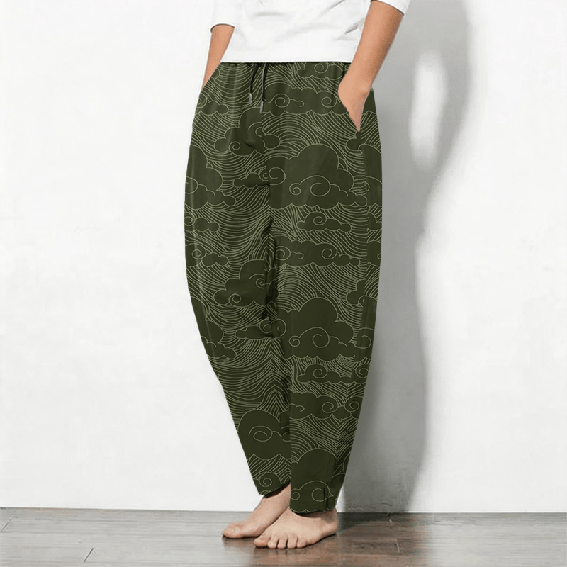 Buddha Stones Pantaloni da uomo affusolati in puro cotone con motivo a onde e nuvole giapponesi, con coulisse e tasche. - image 8