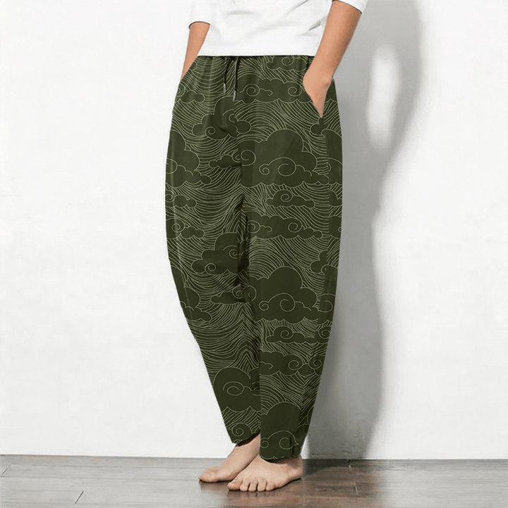 Buddha Stones Pantaloni da uomo affusolati in puro cotone con motivo a onde e nuvole giapponesi, con coulisse e tasche. - image 8