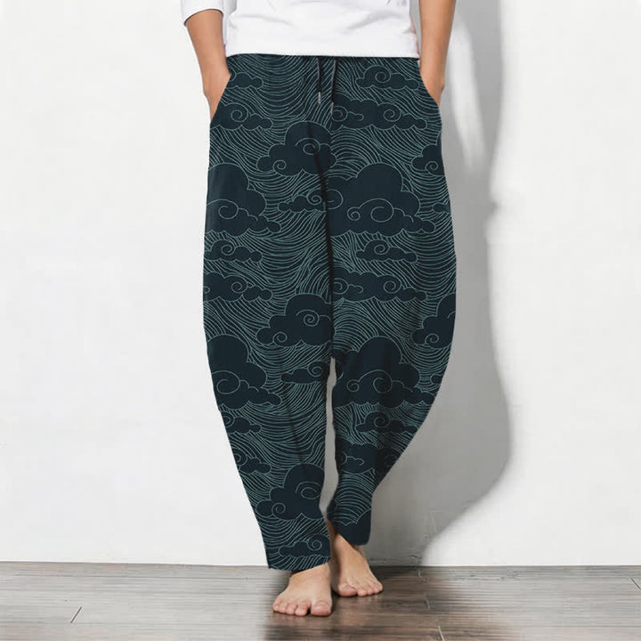 Buddha Stones Pantaloni da uomo affusolati in puro cotone con motivo a onde e nuvole giapponesi, con coulisse e tasche. - Verde acqua - US/UK/AU50, EU60 (5XL) - image 11