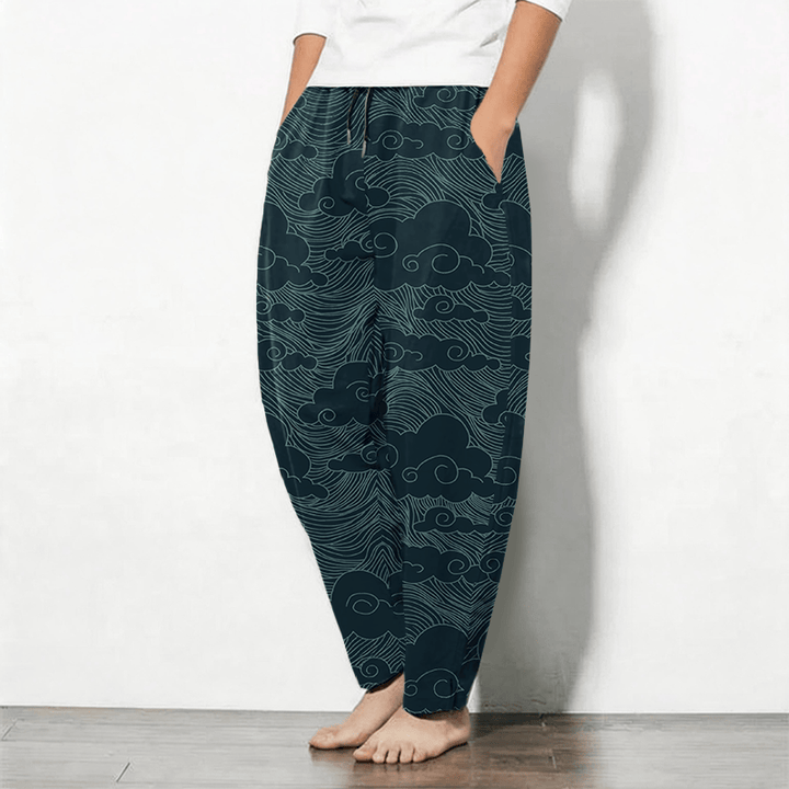 Buddha Stones Pantaloni da uomo affusolati in puro cotone con motivo a onde e nuvole giapponesi, con coulisse e tasche. - image 12