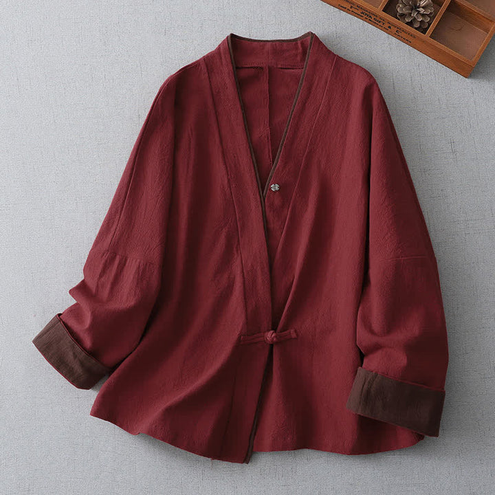 Buddha Stones Kimono da donna tinta unita con scollo a V e nodo, stile vintage, per primavera/autunno. - FireBrick - US8-10, UK/AU12-14, EU40-42 (2XL) - image 0