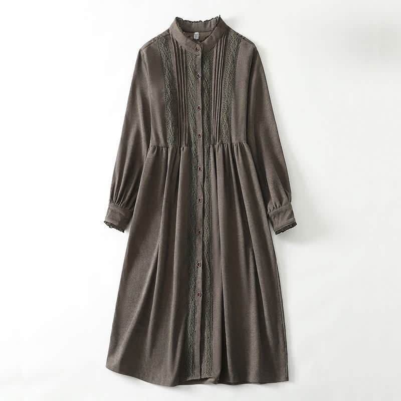Buddha Stones Abito da donna a maniche lunghe, tinta unita, stile Tang, vintage, con bottoni, finiture plissettate e tasca, ideale per primavera/autunno. - Oliva - US14, UK/AU18, EU46 (2XL) - image 0