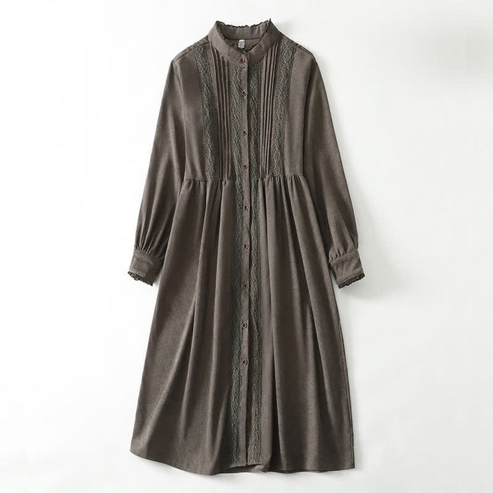Buddha Stones Abito da donna a maniche lunghe, tinta unita, stile Tang, vintage, con bottoni, finiture plissettate e tasca, ideale per primavera/autunno. - Oliva - US14, UK/AU18, EU46 (2XL) - image 0
