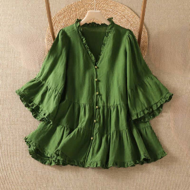 Buddha Stones Camicie da donna a maniche lunghe, tinta unita, stile boho, con bottoni, per primavera/estate. - Verde studentesco - US8-10, UK/AU12-14, EU40-42 (2XL) - image 0