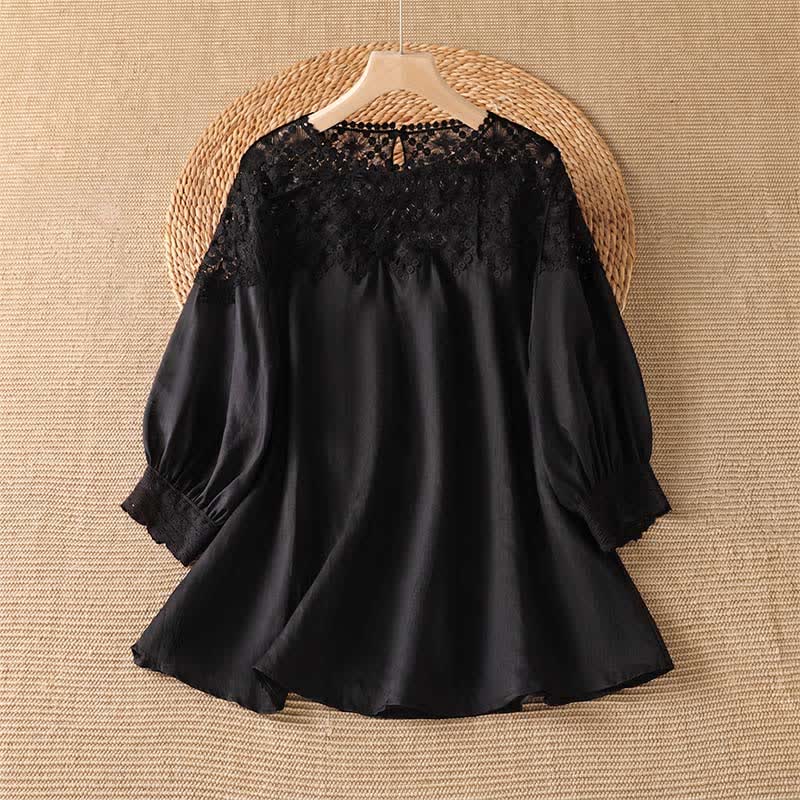 Buddha Stones T-shirt da donna a maniche lunghe, elegante e casual, in tinta unita, con pizzo, per l'estate. - Nero - US8-10, UK/AU12-14, EU40-42 (2XL) - image 0
