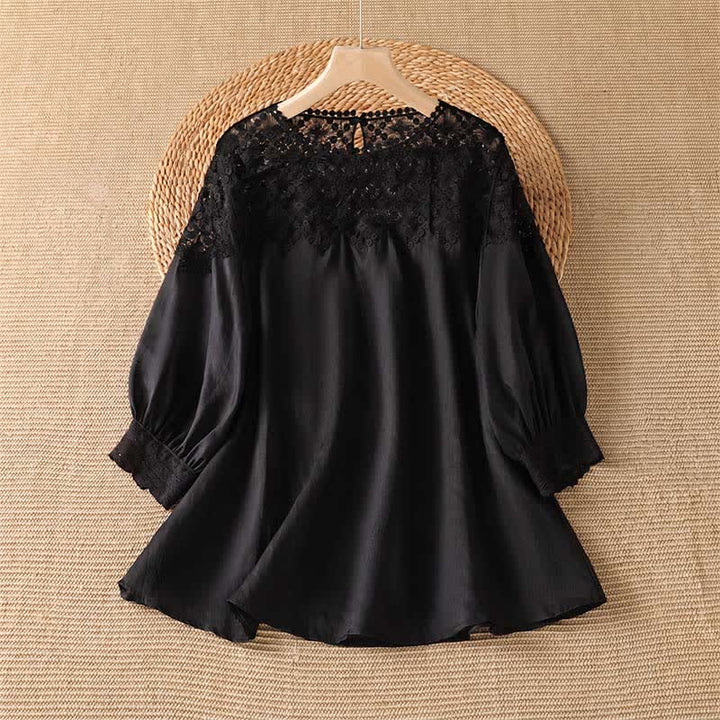 Buddha Stones T-shirt da donna a maniche lunghe, elegante e casual, in tinta unita, con pizzo, per l'estate. - Nero - US8-10, UK/AU12-14, EU40-42 (2XL) - image 0
