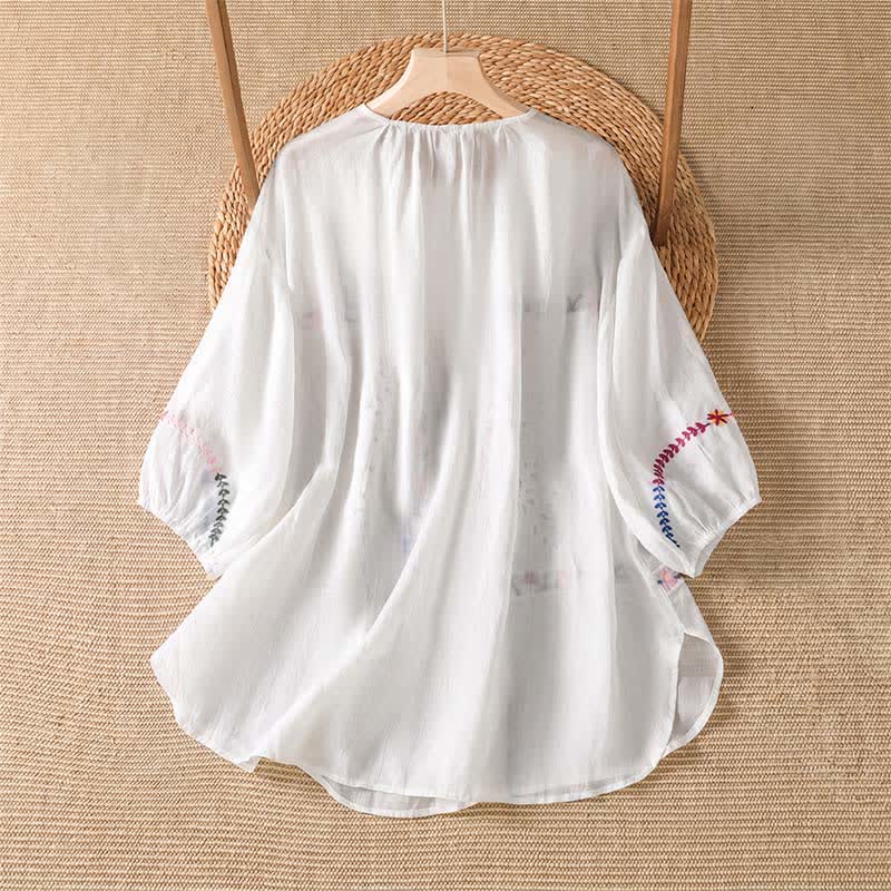 Buddha Stones Camicie da donna a maniche corte con ricami floreali in stile boho per primavera/estate. - image 1