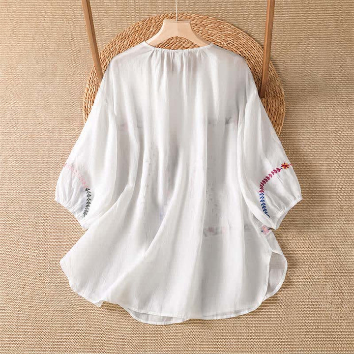 Buddha Stones Camicie da donna a maniche corte con ricami floreali in stile boho per primavera/estate. - image 1