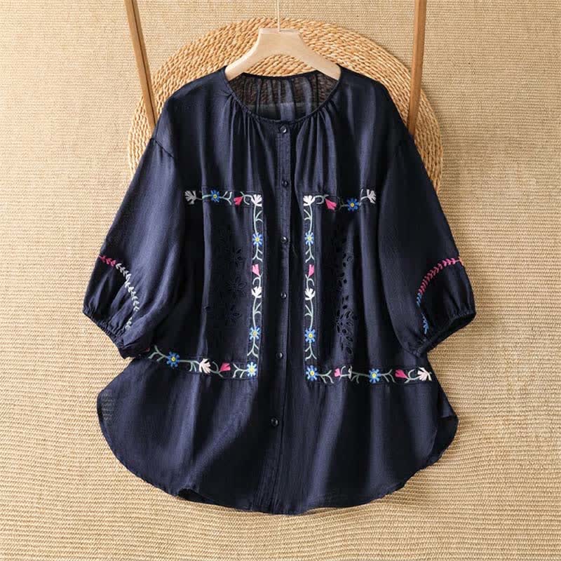 Buddha Stones Camicie da donna a maniche corte con ricami floreali in stile boho per primavera/estate. - Blu mezzanotte - US12, UK/AU16, EU44 (2XL) - image 7