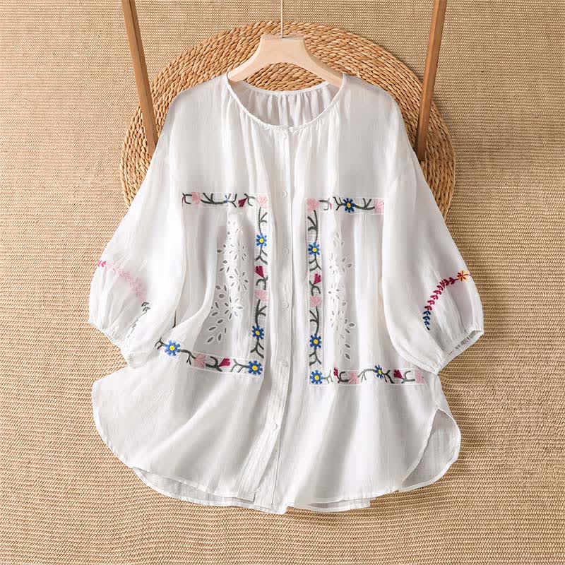 Buddha Stones Camicie da donna a maniche corte con ricami floreali in stile boho per primavera/estate. - Bianco - US12, UK/AU16, EU44 (2XL) - image 0