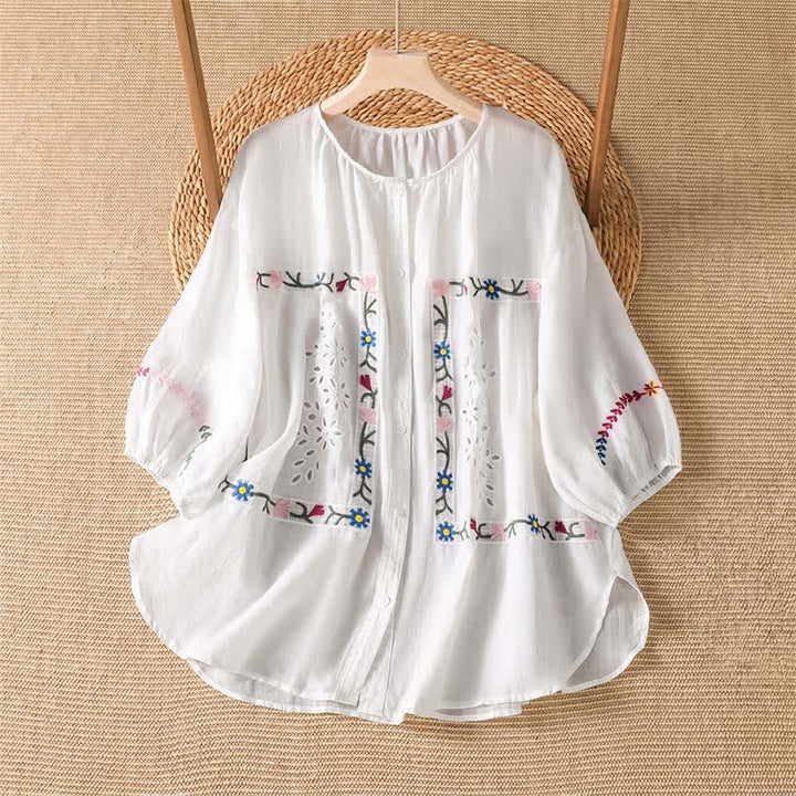 Buddha Stones Camicie da donna a maniche corte con ricami floreali in stile boho per primavera/estate. - Bianco - US12, UK/AU16, EU44 (2XL) - image 0