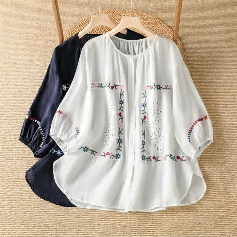 Buddha Stones Camicie da donna a maniche corte con ricami floreali in stile boho per primavera/estate. - image 9