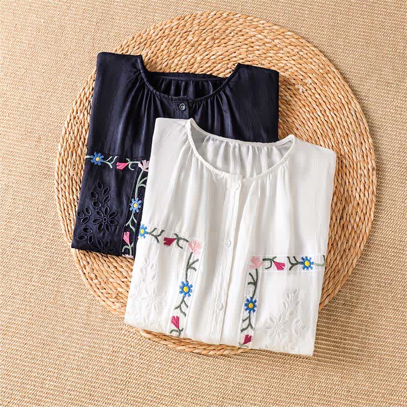 Buddha Stones Camicie da donna a maniche corte con ricami floreali in stile boho per primavera/estate. - image 10