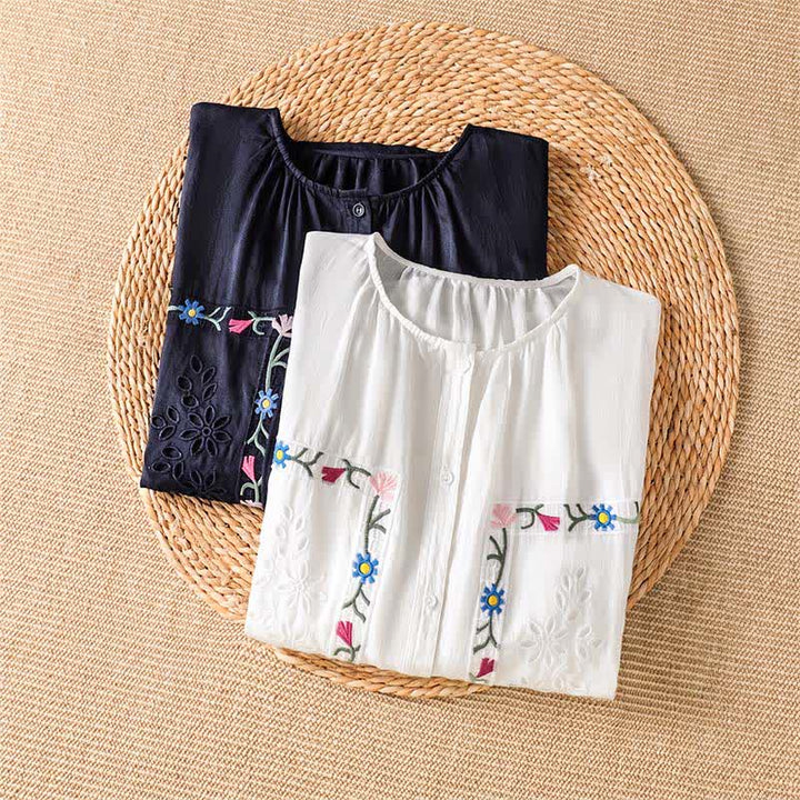 Buddha Stones Camicie da donna a maniche corte con ricami floreali in stile boho per primavera/estate. - image 10