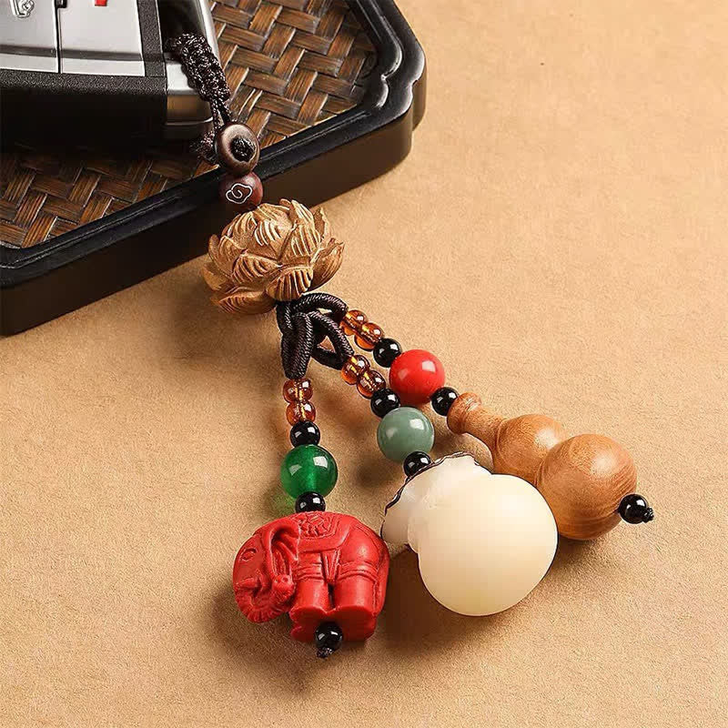 Buddha Stones Portafoglio con personaggio Fu in legno di pesca, portafortuna, elefante in cinabro, zucca di loto, portachiavi - image 15