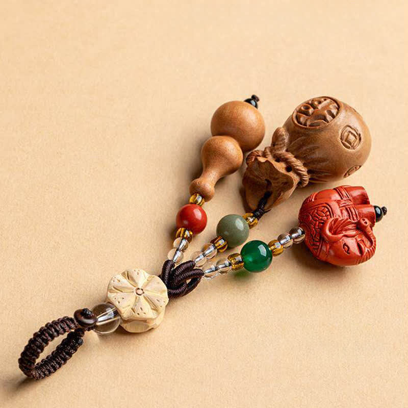 Buddha Stones Portafoglio con personaggio Fu in legno di pesca, portafortuna, elefante in cinabro, zucca di loto, portachiavi - image 3